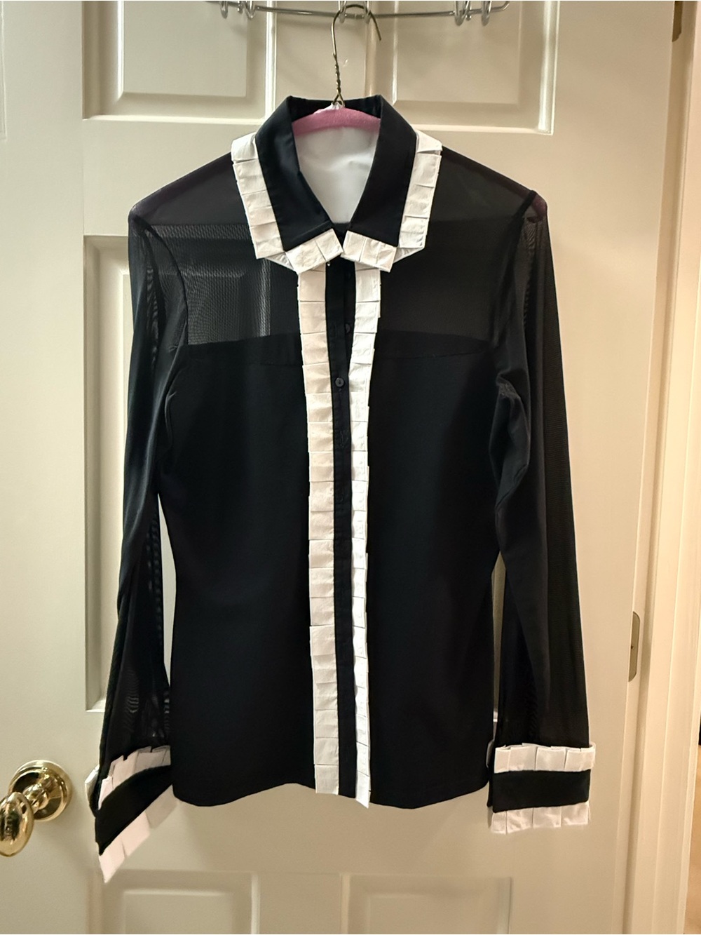 Anne Fontaine Black and White Ruffled-Trim Long Sleeve Blouse